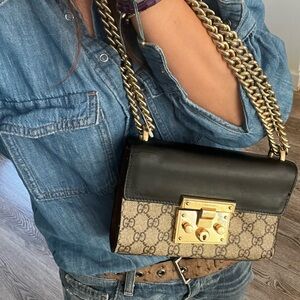 Gucci Black and Brown Crossbody Bag with Gold Chain